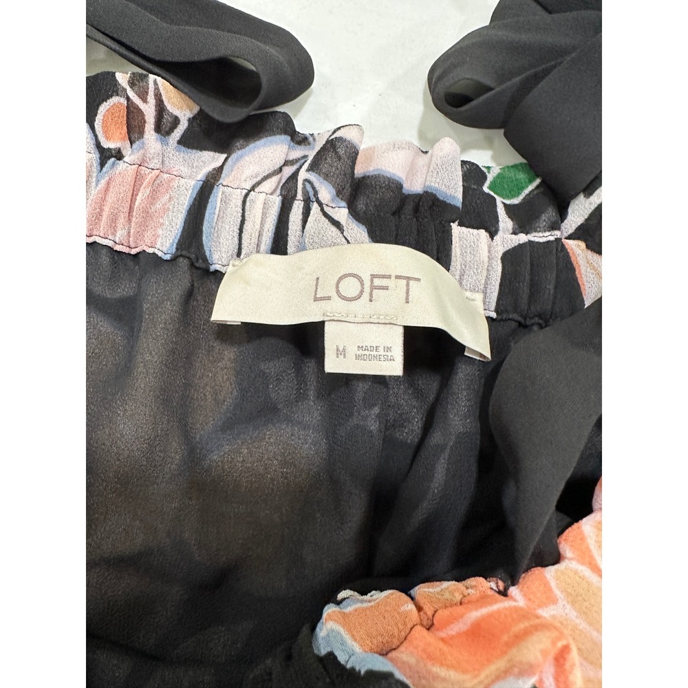 Loft Floral Off The Shoulder Tie Strap Blouse Pink Black Chiffon Ruffle Top M - Picture 3 of 6